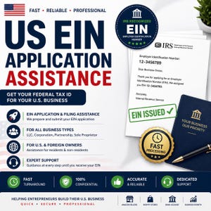 Könnte beinhalten: Eine Werbegrafik für US-EIN-Antragshilfe mit dem Text US EIN APPLICATION ASSISTANCE, einem IRS RECOGNIZED EIN-Abzeichen, einem Beispieldokument mit dem Text EIN ISSUED, einem goldenen FAST PROCESSING-Siegel und einem schwarzen Stift auf einer Mappe.