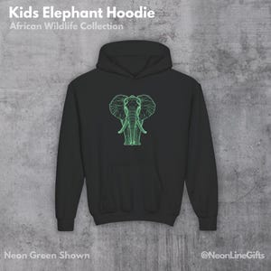 Kids Elephant Hoodie Modern Neon Safari Animal Zoo Art Gift Boy Girl Youth Back to School Friends Birthday Camp Holiday Fun Gaming