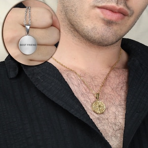 Mens Compass Necklace,Engraved Compass,Gold Necklace,Engraved,Custom rope Chain,Necklace,Waterproof Necklace,Christmas gift For Dad