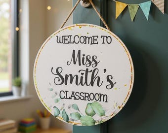 Personalized Teacher Door Sign: Botanical Classroom Decor, Handmade Wooden Welcome Sign