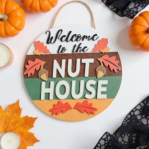 Funny Fall Door Sign: Rustic Wooden &#39;Nut House&#39; Decor
