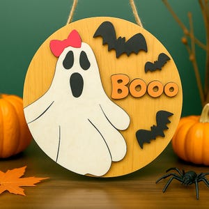 Halloween Ghost Door Sign: 3D Wooden Boo Porch Decor