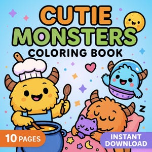 Libro para colorear de Monstruitos - 10 páginas kawaii imprimibles - PDF con letras de EE. UU. - Actividad divertida para niños - Descarga digital instantánea