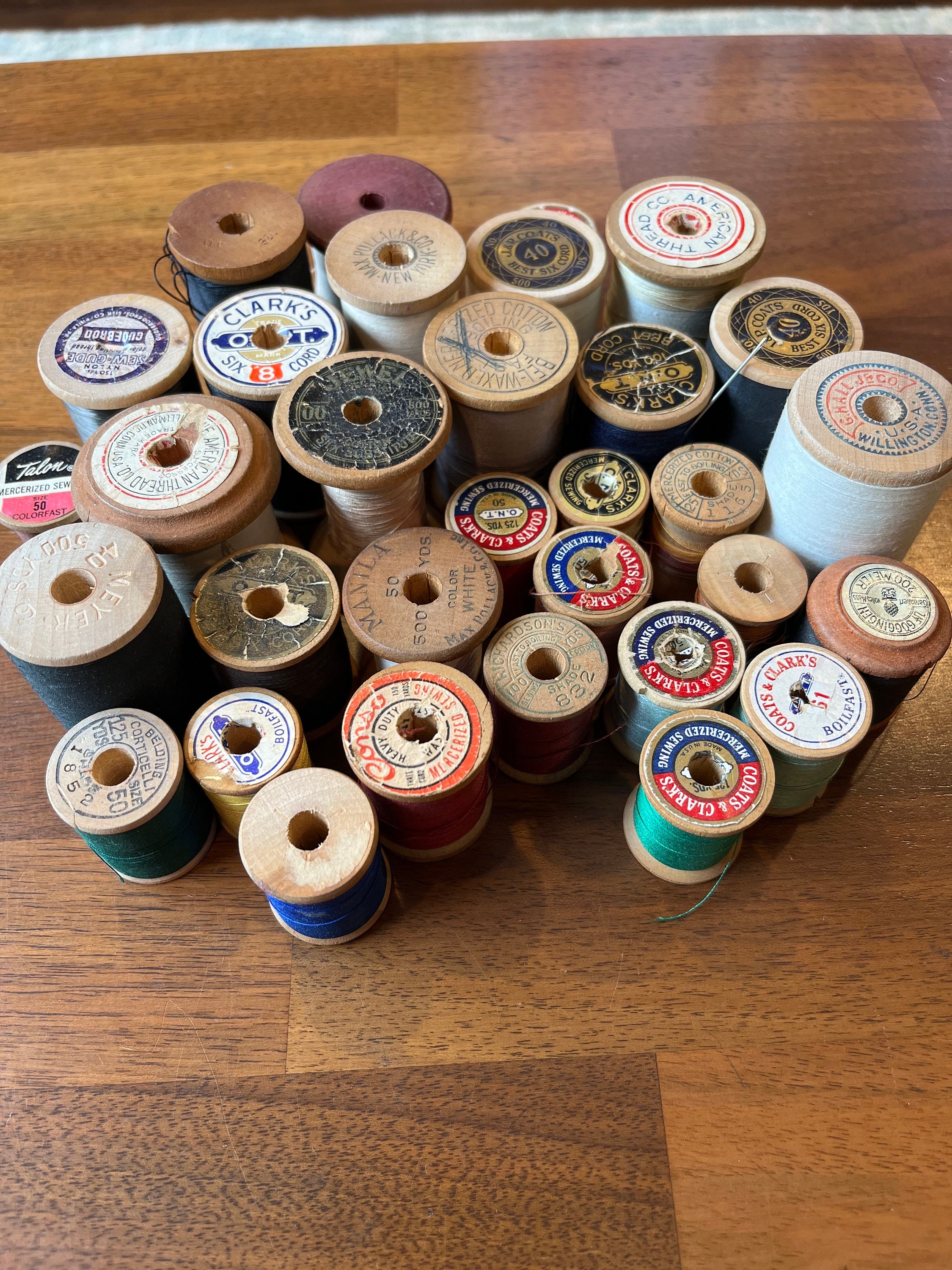 32 Vintage Wooden Spools of Thread Silk Cotton Farmhouse Sewing Room or  Craft Supply