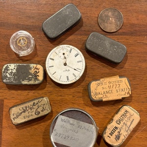 A Collection of Vintage Watch Repair Parts in Tiny Tins and A Watch Face with Parts Metal Pieces for Steampunk Jewelry Crafting image 8