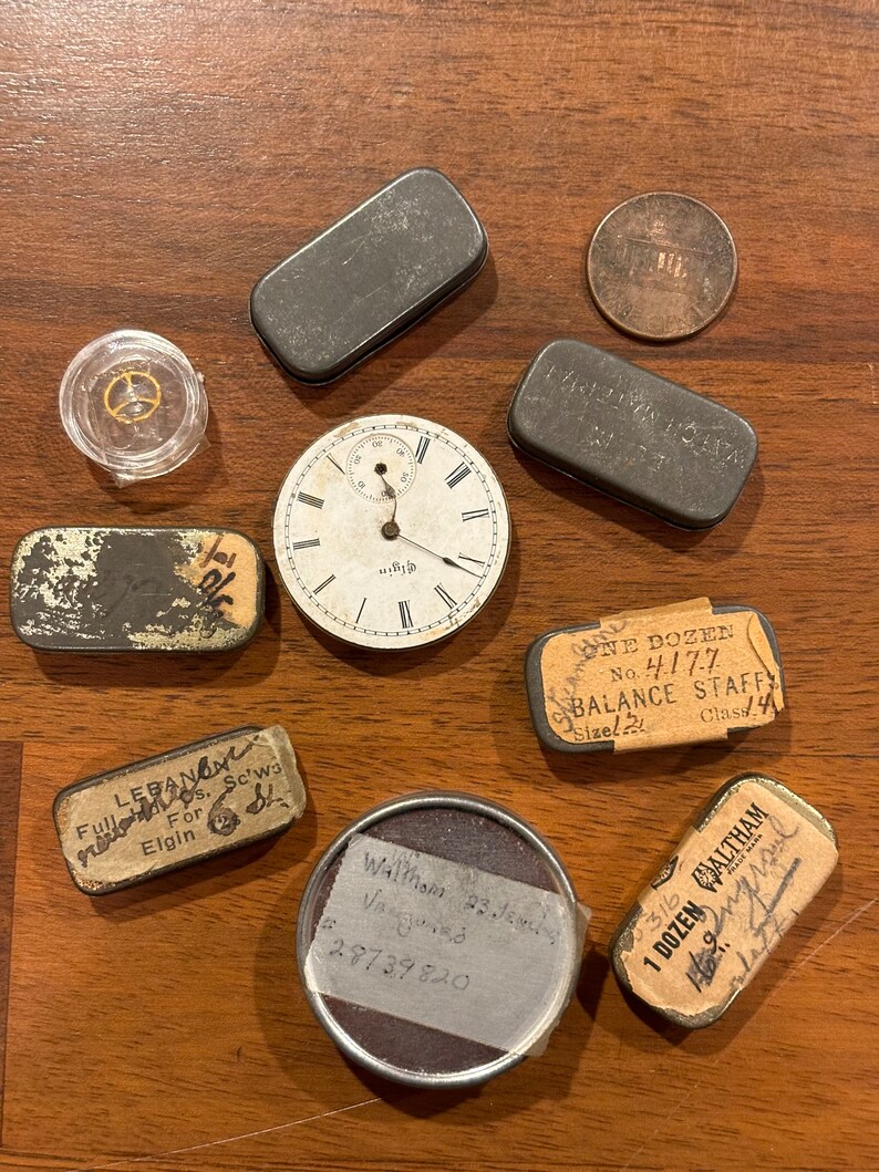 A Collection of Vintage Watch Repair Parts in Tiny Tins and A Watch Face with Parts Metal Pieces for Steampunk Jewelry Crafting image 8