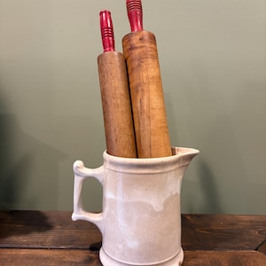 Pair of Vintage Country Farmhouse Wooden Kitchen Tools, Rolling Pins With Red Painted Handles, Cottage Core Rustic Kitchen Decor
