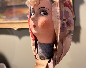 Antique 1920s-1930s Boudoir Doll Head Hat Stand or Holder with Tuft of Mohair Blond Bngs and Beautiful Hand Painted Face and Red Lips