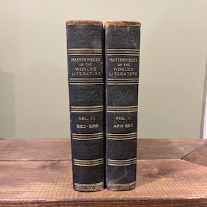 Set of Two Antique Books With Marbled Covers and Gilded Edge, Masterpieces of the Worlds Literature p1898 ,Vol II and Vol III Books as Decor