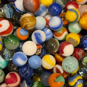 Lot of 40 Vintage Glass Marbles, Mixed Bag of Vintage Marbles, Cats Eye, Milk Glass, Akro, Corkscrew,Early Marbles, Unsorted Old Marbles