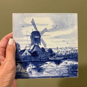 Antique Blue and White Delft Tile With Dutch Windmill and Boats Royal Goedewaagen Golida Delfts Made in Holland, Beach House Decor