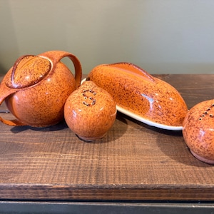 Super MCM Mid Century Orange Speckled Atomic Kitchenware, Butter DIsh, Salt and Pepper Shakers, Sugar Bowl