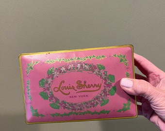 Vintage Pink Rectangle Lidded Louis Sherry Candy Tin Great Jewelry Box, Paint Tin, Craft Storage, Antique Tin
