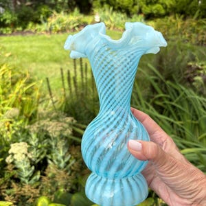Antique Fenton French Blue Opalescent Spiral Optic Ruffled Glass Vase 8.5&quot; c1930s