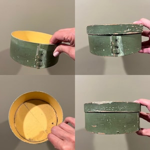 Antique Americana Primitive Green Painted Bentwood Pantry Band Box With Yellow Painted Interior, Pantry Box, Firkin, Shaker Box