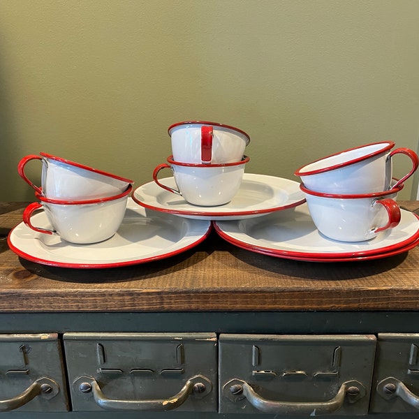 Vintage Red Trim Enamelware Camping or Picnic Cups and Dishes Rustic Farmhouse Kitchen