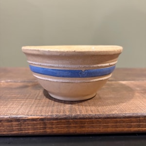 Great Antique Small Yellow Ware Bowl Blue and White Stripes Vintage Country Primitive Farmhouse Kitchen Yellowware Vintage Primitive Bowl