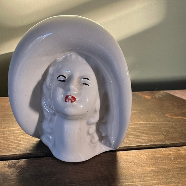 Vintage White Lady Head Vase Red Lips Big Hat White Neutral Decor