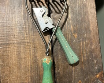 2 Vintage Primitive Farmhouse Utensils Spatula & Knife Sharpener Green Wood Handle 1930s Kitchen Decor