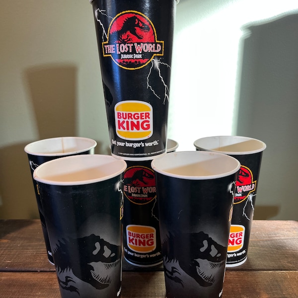 6 Vintage Burger King Collectible Jurassic Park The Lost World Waxed Cups Collectible Fast Food Give Aways