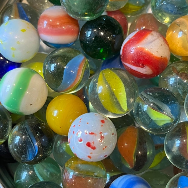 Lot of 40 Vintage Glass Marbles, Mixed Bag of Vintage Marbles, Cats Eye, Milk Glass, Akro, Corkscrew, Early Marbles, Unsorted Old Marbles