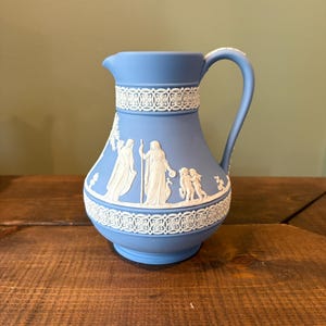 Lovely Blue Wedgwood Jasperware Pitcher or Jug , Smooth Matte Finish With Neo-Classical Reliefs, Greek and Roman Design, 6&quot; Tall