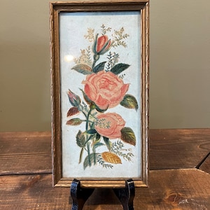 Charming Vintage Framed Soft Floral Painting of Pink Roses In a Gold Wood Frame Shabby Chic Cottage Core Country Decor Shabby Chic Wall Art