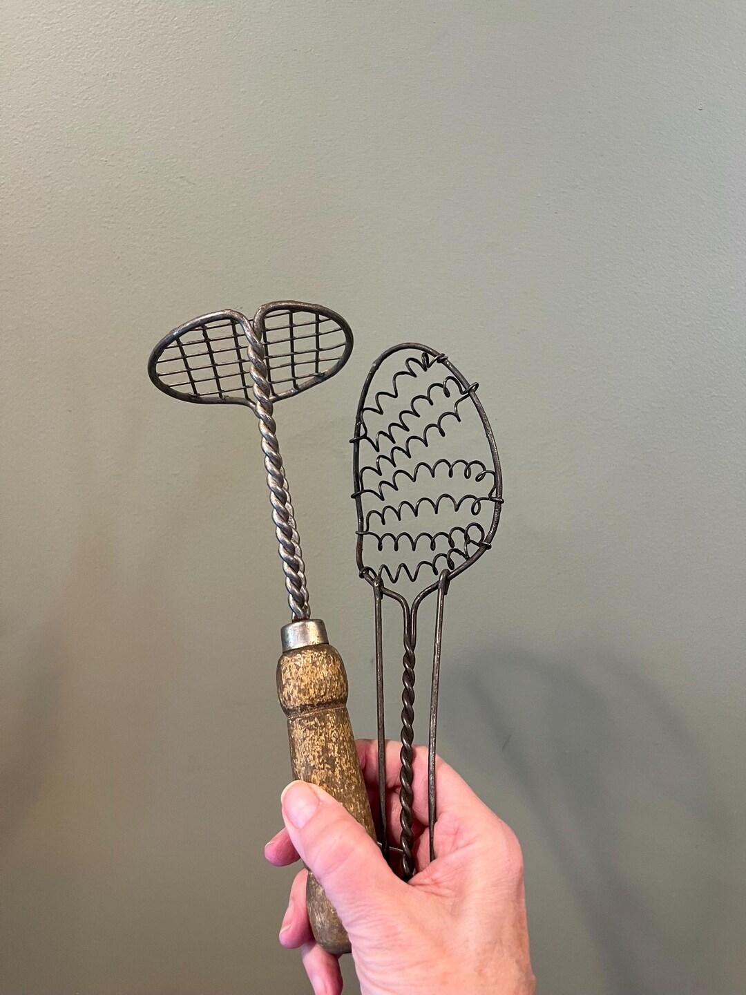 Two Antique Primitive Farmhouse Kitchen Tools, Wire Whisk or Spoon ...