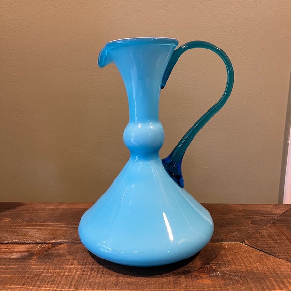 Vintage Carlo Moretti Cased Italian Art Glass Ewer, Pitcher or Vase in Beautiful Sky Blue, Mid Century Art Glass, MCM Vase Empoli Murano