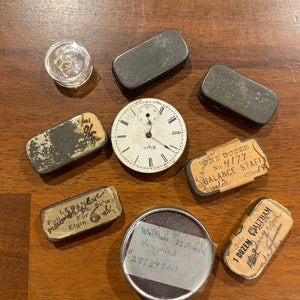 A Collection of Vintage Watch Repair Parts in Tiny Tins and A Watch Face with Parts Metal Pieces for Steampunk Jewelry Crafting image 1