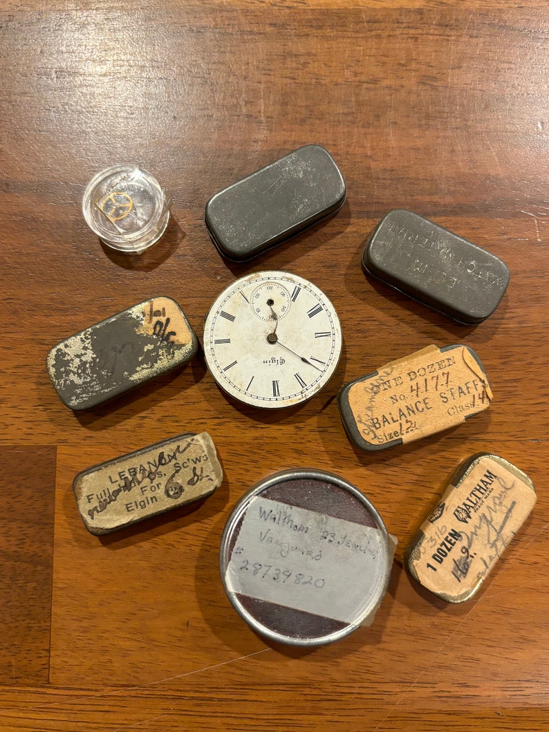 A Collection of Vintage Watch Repair Parts in Tiny Tins and A Watch Face with Parts Metal Pieces for Steampunk Jewelry Crafting image 1