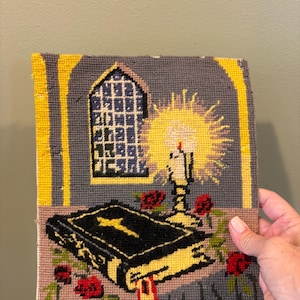Vintage Religious Needlepoint Tapestry, Christian Motif With Bible, Candle,  Church Window, Vintage Unframed Needlepoint