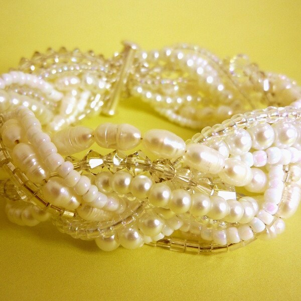 Braided Bridal Pearl Bracelet with Swarovski and Freshwater Pearls