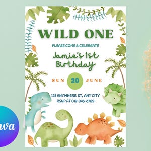 May include: A light green invitation with the text "WILD ONE" and "Jamie's 1st Birthday". The invitation features watercolor illustrations of dinosaurs and tropical foliage. The date is June 20th.