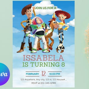 Faire-part d&#39;anniversaire Toy Story, faire-part Toy Story modifiable, téléchargement personnalisé pour anniversaire Woody Buzz Jessie, deux à l&#39;infini et au-delà