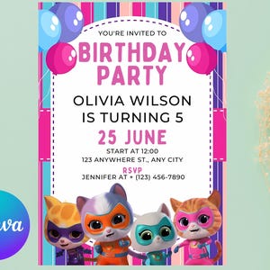 Super Kitty Printable Editable Birthday Invitation, Kitten Party Template, Digital SuperKitties Invite, Cute Cat Invitation for Kids&#39; Party