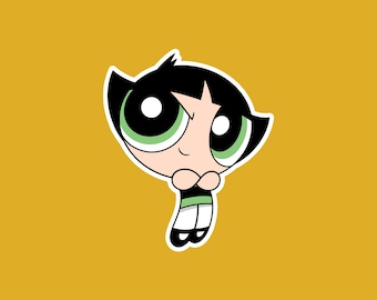 May include: A cartoon image of Buttercup from The Powerpuff Girls. Buttercup has black hair, green eyes, and is wearing a black top with a white and green trim. The background is a solid mustard yellow.