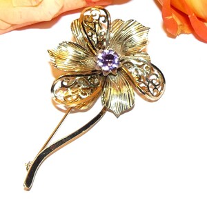 Vintage Wells Gold Filled Flower Brooch with Amethyst Rhinestone