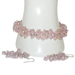 Pink Glass Rondelle and Silver Plate Bracelet with Matching Earrings