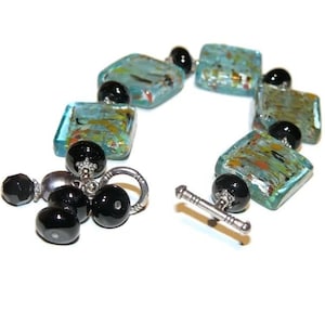 Green Murano Square Glass Bead and Black Stone Beaded Bracelet