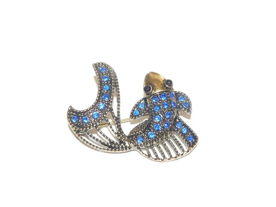Large Statement Vintage Blue Rhinestone Fish Broo… - image 5