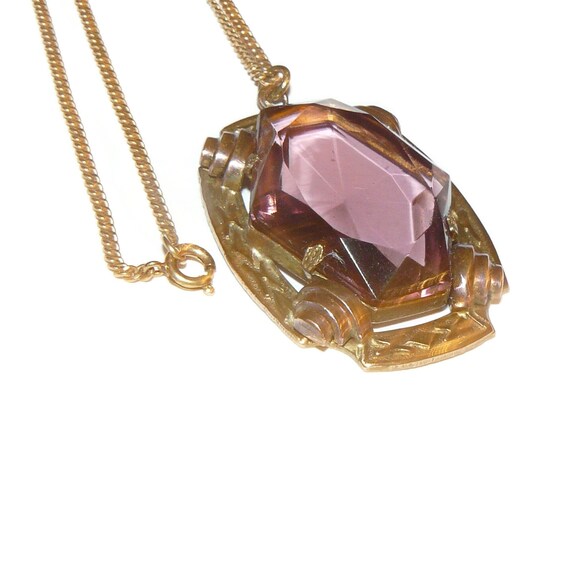 Large Amethyst Glass Stone Art Deco Necklace Gem