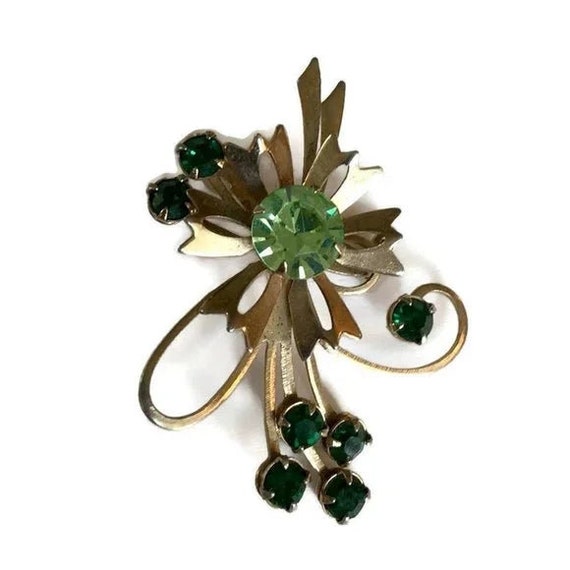 Vintage Green Rhinestone Flower Pin - image 4