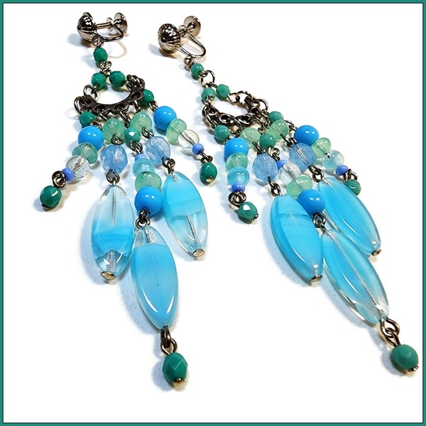 Long Glass Blue and Green Chandelier Boho Earrings