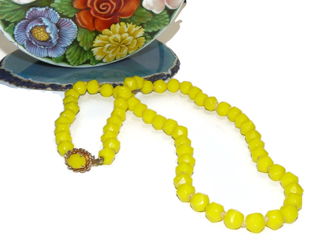 Vintage Yellow Faceted Glass Bead Necklace with Matching Clasp Etsy