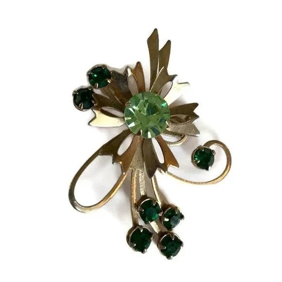 Vintage Green Rhinestone Flower Pin - image 1