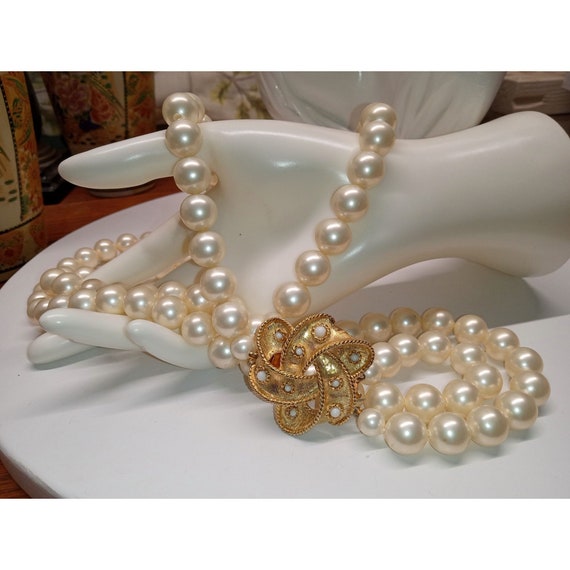 Nolan Miller Double Strand Faux Pearls Rhinestone Clasp Necklace