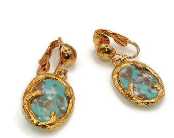 Unique Blue and Gold Tone Clip on Earrings