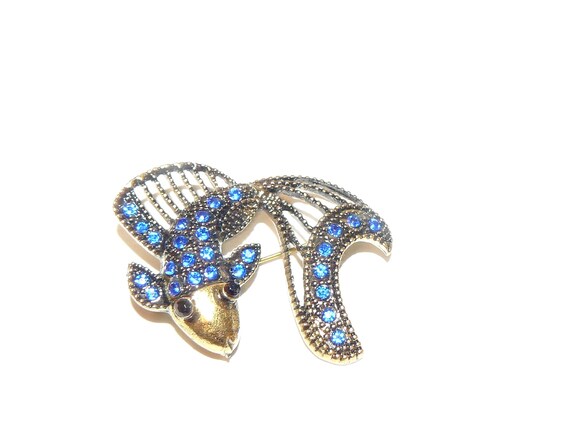 Large Statement Vintage Blue Rhinestone Fish Broo… - image 4