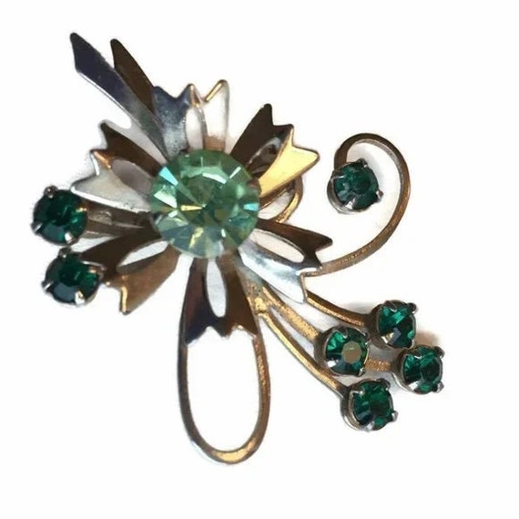 Vintage Green Rhinestone Flower Pin - image 3
